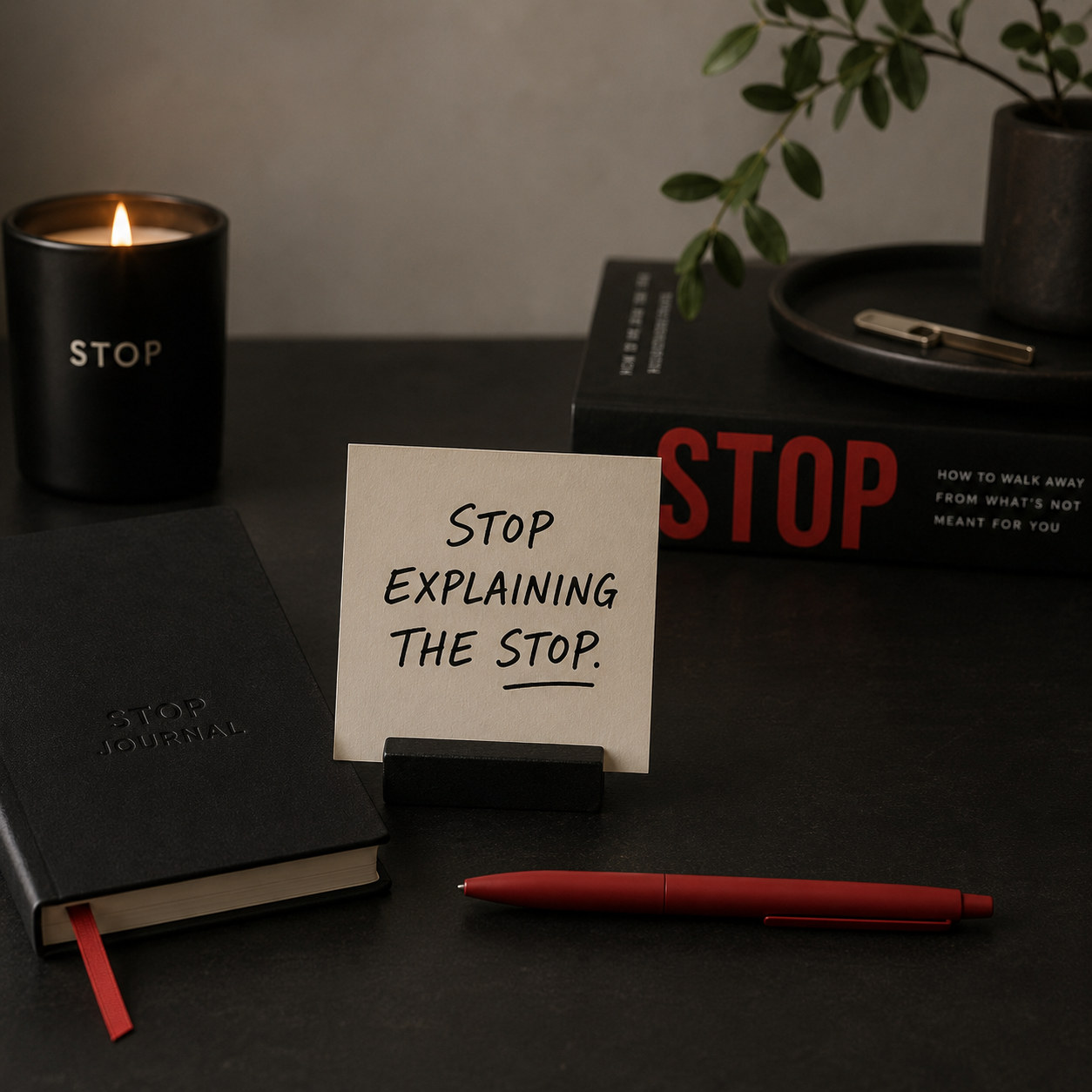 A STOP journal, candle, red pen, and a note card that says stop explaining the stop.