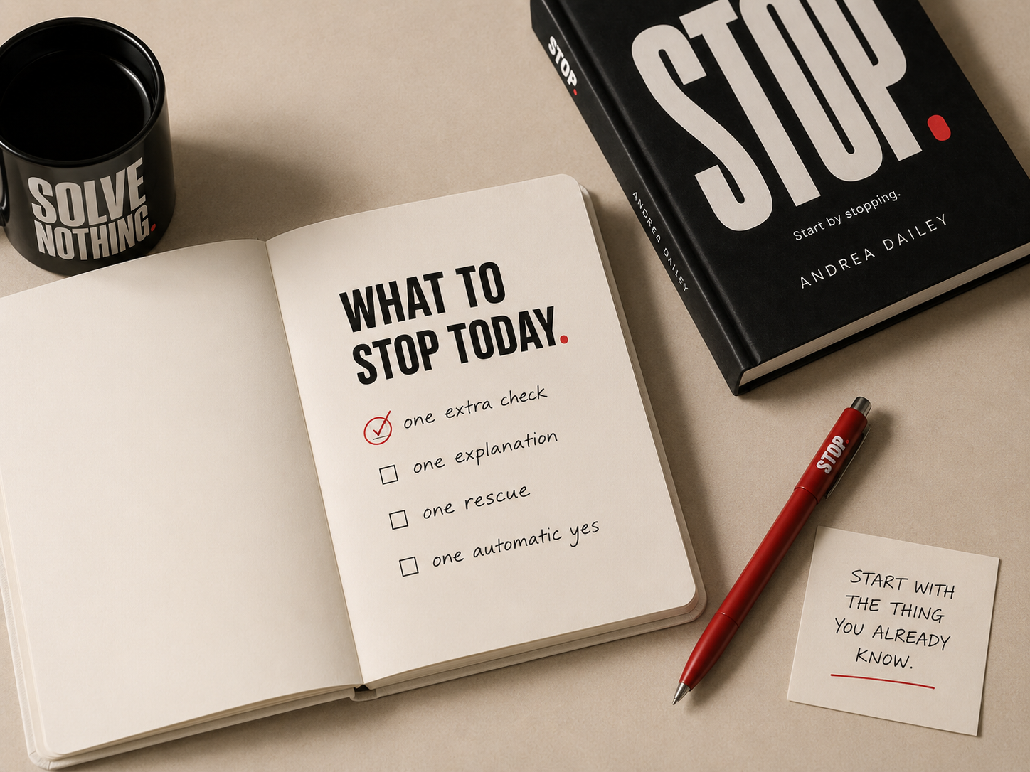 An open STOP journal page titled what to stop today with a checklist, STOP book, mug, red pen, and note card.